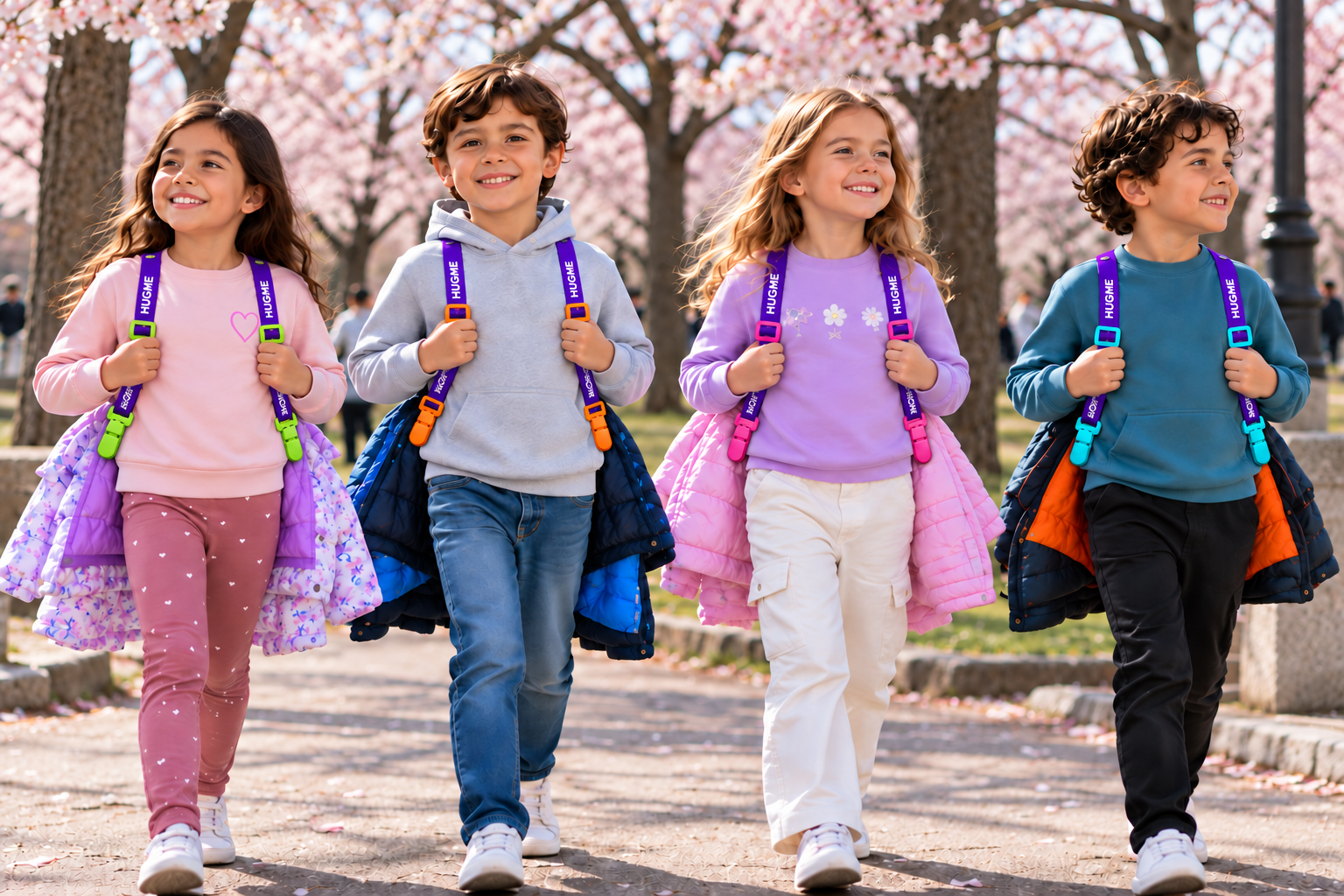 Four children exploring outdoors with their jackets carried by HUGME