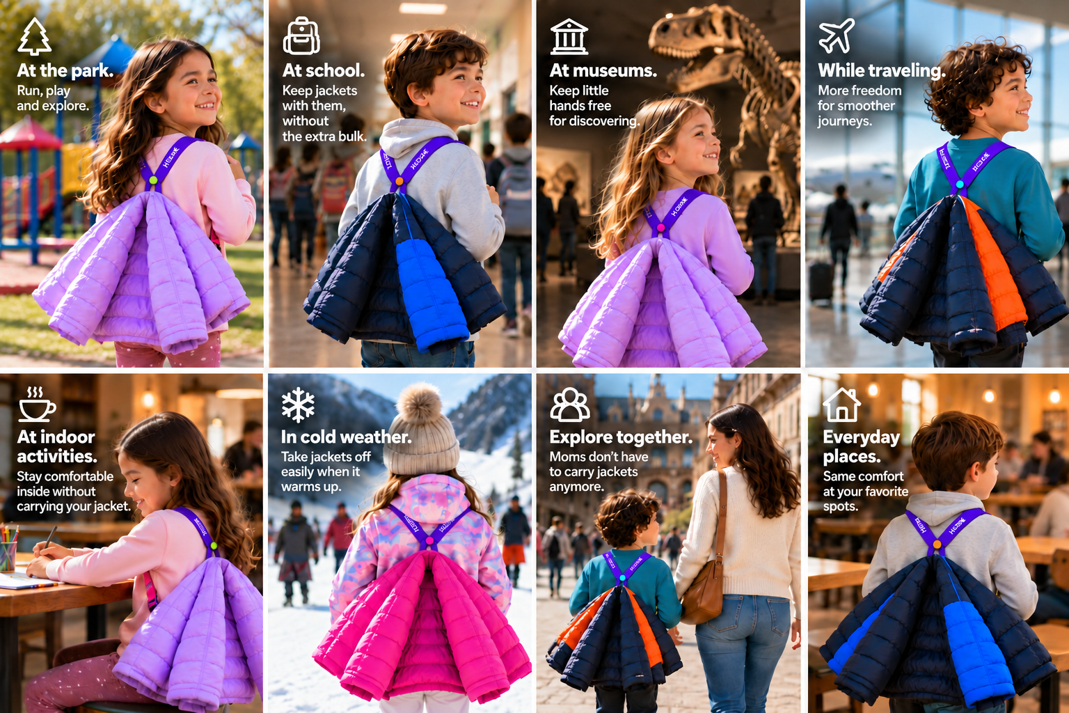 Eight original HUGME usage examples: at the park, at school, at museums, while traveling, at indoor activities, in cold weather, exploring with family and in everyday places. Children wear the straps on their backs with their jackets attached.